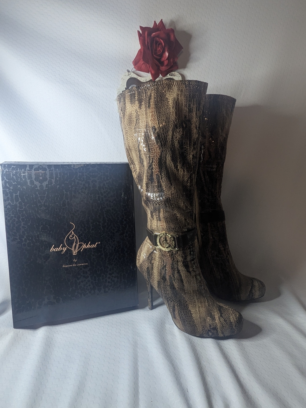 Baby Phat Snakeskin Knee-High Stiletto Boots - Brown